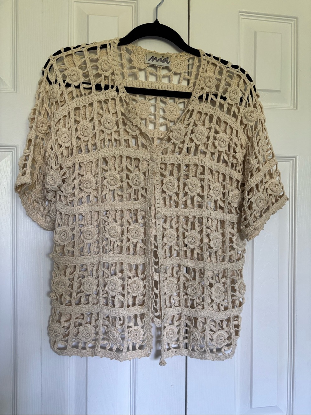 Mia Vintage Cream Crochet Short-Sleeve Cardigan